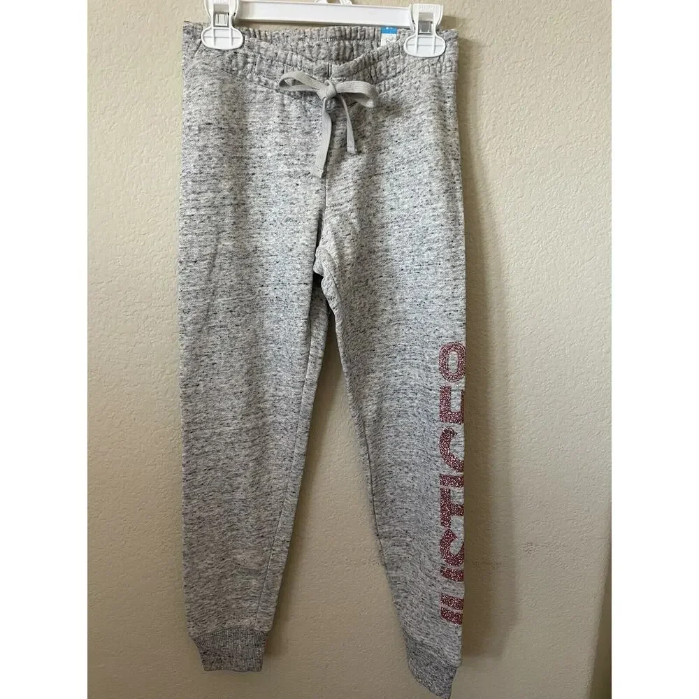 Justice Gray Rose Gold Sparkle Logo Mid Rise Full Length Joggers Pants Size 8